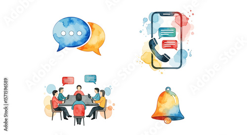 Watercolor illustration showcasing communication methods and notification elements together