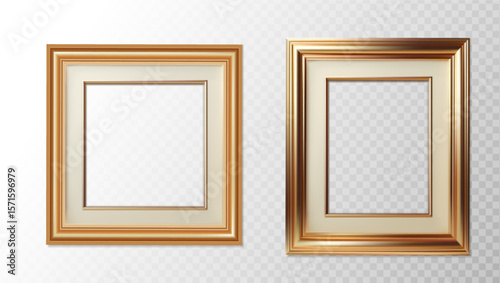3d realistic vector icon illustration. Golden picture painting frame in square and rectangle. Isolated on transparent background.