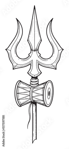 Monochrome Line Art Depiction of a Trishul and Damru