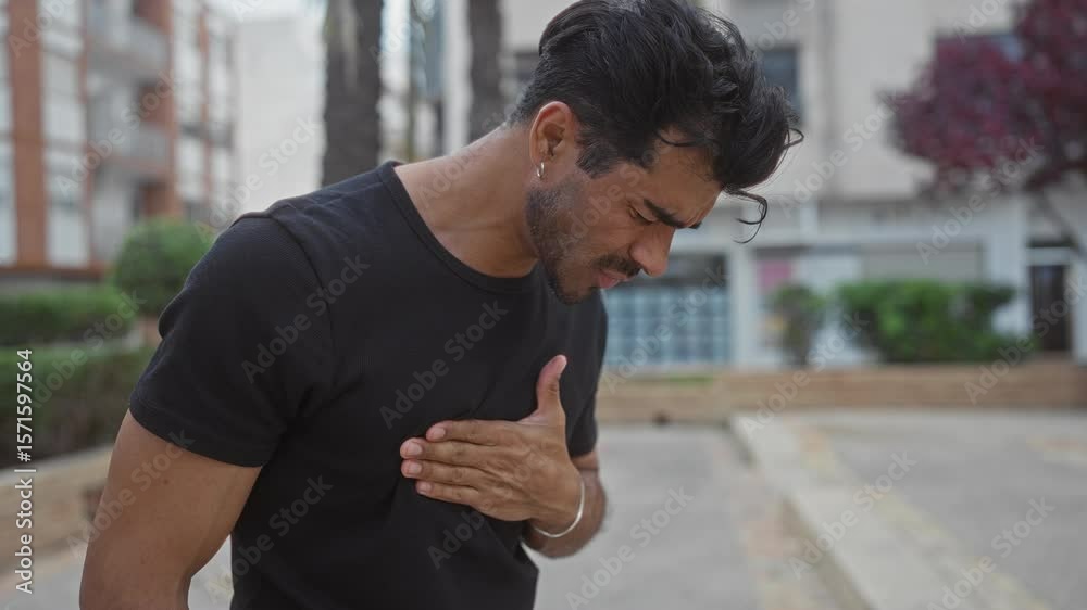 Young hispanic man clutch chest for heartattack on city street beside palm tree and building facade; distress pain anxiety.
