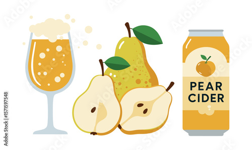 Delicious pear cider illustration featuring fresh pears and a glass of drink