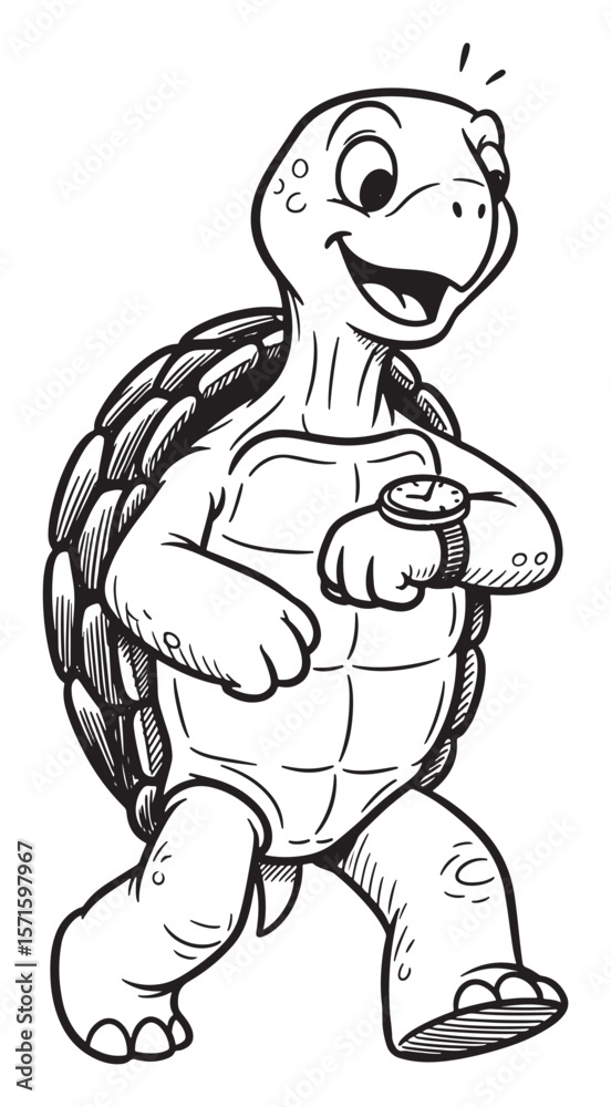 Detailed Cartoon of a Turtle Looking at his Wristwatch in Black and White Detailed Cartoon of a Turtle Looking at his Wristwatch in Black and White