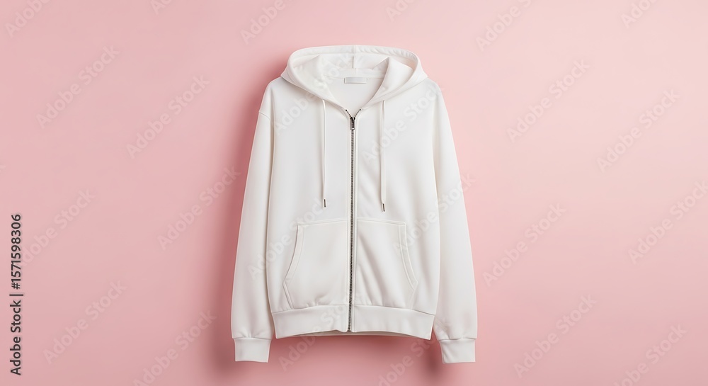 White Full Zip Hoodie Jacket Mockup on Pastel Pink Background. Blank Apparel Template for Sportswear, Casual Wear, or Custom Design White Full Zip Hoodie Jacket Mockup on Pastel Pink Background. Blank Apparel Template for Sportswear, Casual Wear, or Custom Design