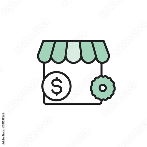 Illustration of a shopfront with a dollar sign and a gear symbol, representing the idea of a business.