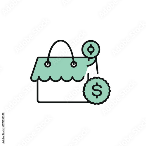 The illustrated store, showing shopping bag with coins, the essence of business and consumerism.