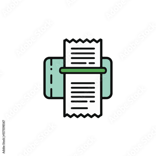 Minimalist illustration of a receipt printer spitting out a receipt on a blank canvas.