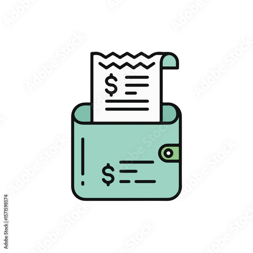 A modern flat illustration of a wallet with a receipt. The design is a clean and eye-catching representation of finance and payment.
