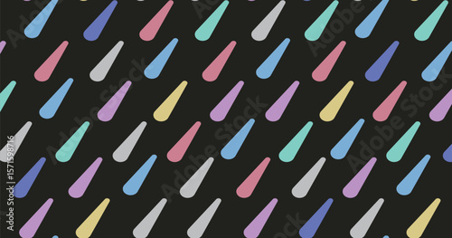 "Seamless colorful teardrop pattern on black background, modern abstract rain drop design, vibrant geometric texture for trendy fabric, wallpaper, wrapping paper and digital art projects"