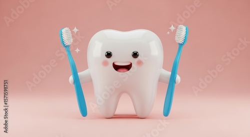 Cute smiling tooth character promoting dental health with toothbrushes on a pink background for pediatric dentistry