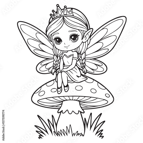 Vector art of a cute fairy with wings sits on a mushroom, isolated on white background