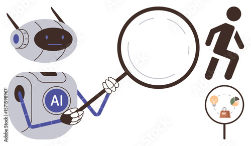 AI robot holding magnifying glass studying human figure with focus on data and behavior insights. Ideal for technology, AI, innovation, analytics, big data, machine learning, human interaction