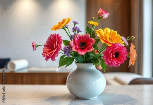 Ceramic vase with artificial flowers on modern wall,   home,   walls