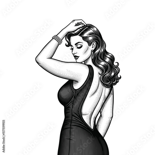 Hand-Drawn Vintage Style Engraving of a gorgeous woman model, drawn in an engraved, woodcut style with fine details sketch engraving vector illustration. Scratch board imitation
