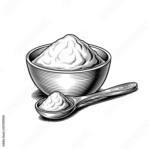 Hand-Drawn Vintage Style Engraving of a bowl and spoon full of spice, drawn in an engraved, woodcut style with fine details sketch engraving vector illustration. Scratch board imitation