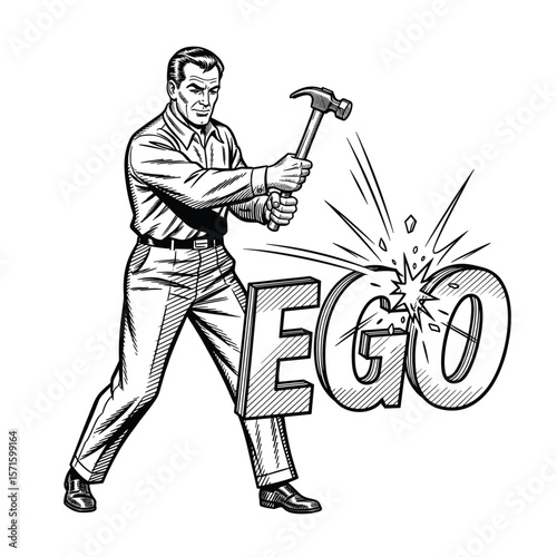Hand-Drawn Vintage Style Engraving of a vintage man breaking the word EGO with hammer, drawn in an engraved, woodcut style with fine details sketch engraving vector illustration. 