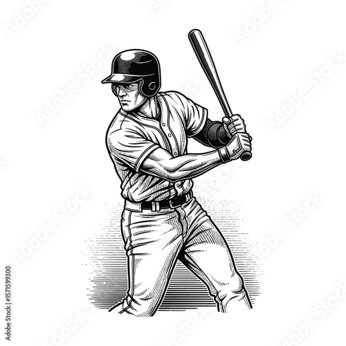 Hand-Drawn Vintage Style Engraving of a baseball player, drawn in an engraved, woodcut style with fine details sketch engraving vector illustration. Scratch board imitation