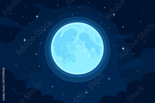Magical blue full moon glowing in the dark night sky with stars and clouds. Vector cartoon illustration of a fantasy celestial scene. Atmospheric space background concept.