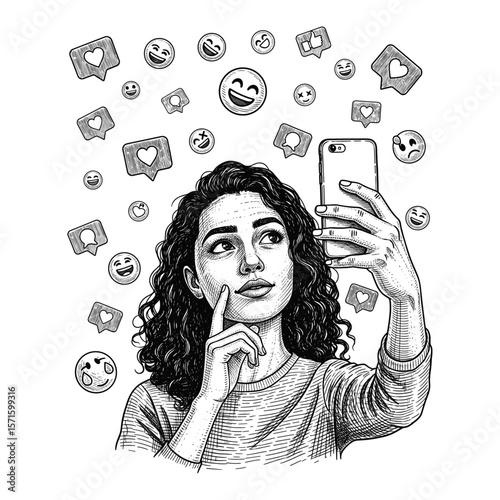 Hand-Drawn Vintage Style Engraving of young woman taking selfie with social media icons, drawn in an engraved, woodcut style with fine details sketch engraving vector illustration. 
