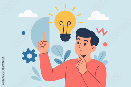 Person gets a great idea. Thinking man pointing at a bright light bulb. Concept for brainstorming, creativity, innovation, solution finding, and inspiration. Flat design vector.