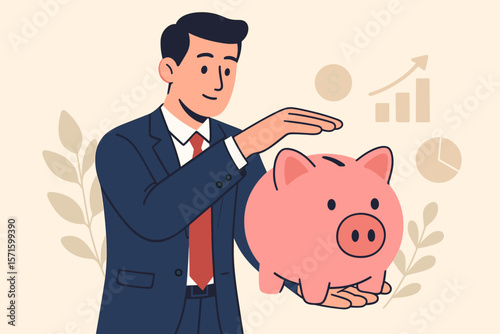 Businessman protecting piggy bank. Concept of saving money, business asset protection, and financial security. Investor guarding capital for wealth, growth, and profit.