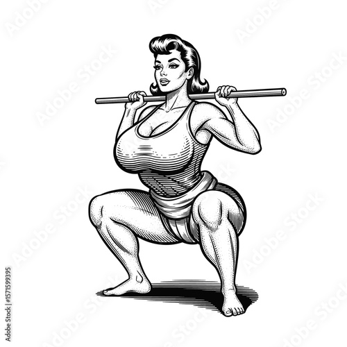 Hand-Drawn Vintage Style Engraving of a woman in sumo outfit doing lifting, drawn in an engraved, woodcut style with fine details sketch engraving vector illustration. Scratch board imitation