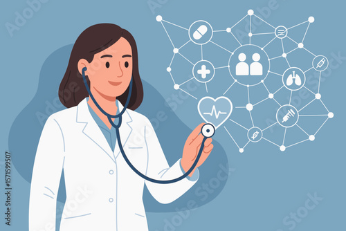 Cardiologist doctor with stethoscope touching a virtual screen with a medical icon network. Healthcare technology, telemedicine, and patient care concept. Modern medicine.