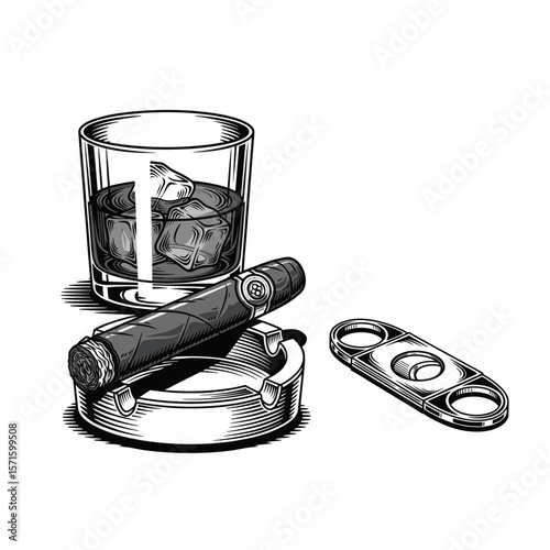 Hand-Drawn Vintage Style Engraving of whiskey and cigar, drawn in an engraved, woodcut style with fine details sketch engraving vector illustration. Scratch board imitation