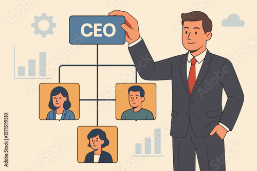 CEO presenting a company organization chart. Corporate hierarchy and team structure concept. Business leader defining roles, management, and department structure. Vector.