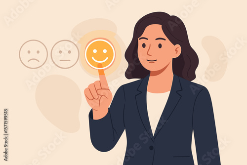 Businesswoman giving positive feedback. Customer pressing happy smiley face emoticon on touch screen. Excellent service satisfaction review concept. Client experience rating.