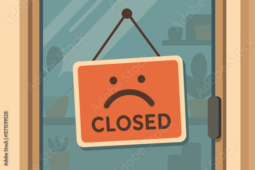 Sad emoticon on a closed sign hanging in a shop window. Business failure, store closure, economic crisis, bankruptcy concept. Modern flat vector cartoon illustration.