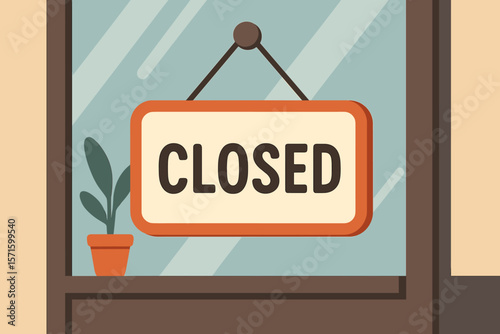 Closed sign hanging on a shop glass door. Storefront window concept. Business closing time or temporarily unavailable. Modern flat cartoon vector illustration for retail store.