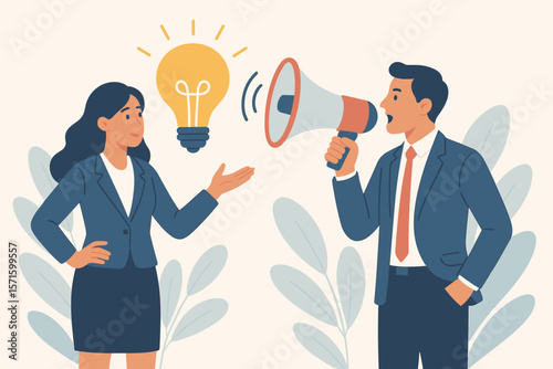 Business communication concept of sharing ideas. Man with megaphone announcing businesswoman's innovation. Teamwork for marketing strategy, advertising and promotion discussion.