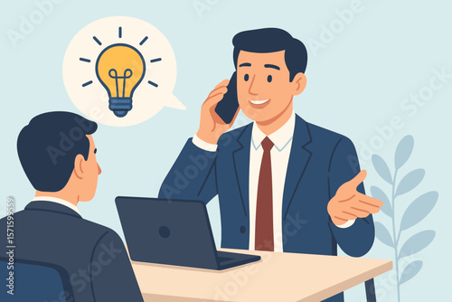 Businessman shares a new idea or solution with colleague in a meeting. Lightbulb icon for brainstorming, innovation. Concept of good communication, teamwork and business success.