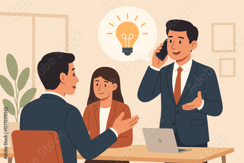 Businessman communicates idea and solution to team. Brainstorming and discussion in an office meeting. Good communication skills for business success. Teamwork collaboration concept.
