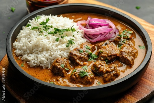 Aromatic Indian lamb curry served with fluffy white rice and red onions. Delicious and flavorful.