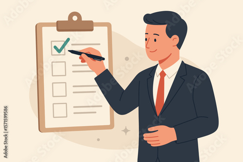 Happy businessman completing checklist. Man with pen putting check mark on clipboard to-do list. Project management, task done, productivity, success, and achievement concept.