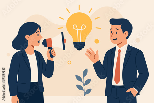Communication concept. Business people discuss idea. Woman with megaphone announces strategy. Man listens. Lightbulb for innovation, creativity. Teamwork, collaboration, marketing.