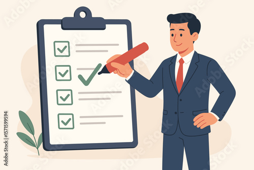 Businessman puts a tick on a complete checklist. Task done within deadline, finishing checkbox. Project management, success, goal achievement, and business approval concept.