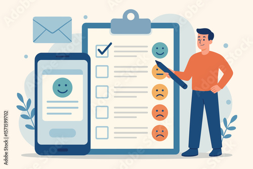 Customer satisfaction survey concept. Man gives feedback via online poll on smartphone and evaluation checklist. User experience review, service quality rating, and questionnaire.