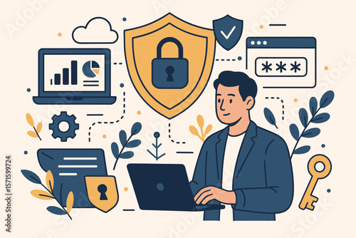Cyber security and business data protection concept. Man on laptop with secure password login. Network privacy shield, cloud technology, and information safety vector cartoon.