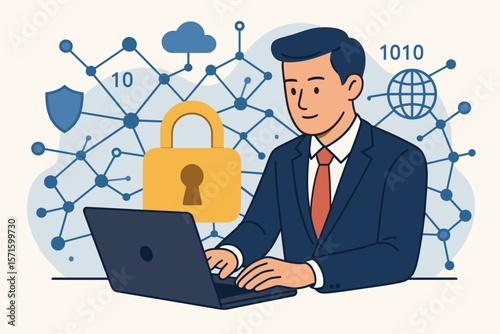 Cyber security and data protection concept. Businessman at laptop secures personal information. Internet technology network with padlock, shield, cloud. Vector illustration.