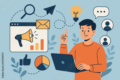 Digital marketing strategy concept. Man with laptop working on SMM, SEO, content creation. Business promotion with icons of data analytics, email, social network. Vector.