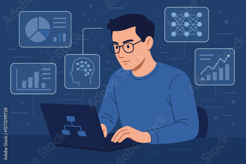 Data scientist man programmer at laptop analyzing big data on a futuristic virtual interface. AI algorithm, deep learning, business analytics and machine learning concept.