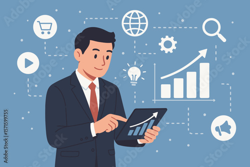 Digital marketing concept. Businessman using tablet for sales data analysis and business growth. Modern interface with icons for strategy, e-commerce, SEO, and promotion.