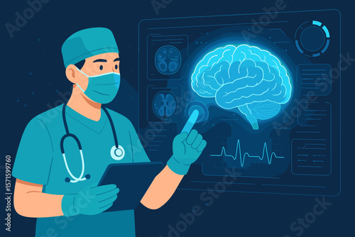 Doctor surgeon checking brain scan on futuristic holographic interface. Neurologist analyzing patient test results. Innovative technology in science and medicine vector concept.