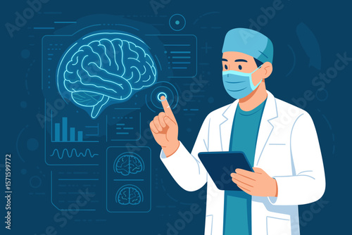 Doctor analyzes brain scan on holographic interface. Futuristic medicine concept. Neurologist checking patient results. Innovative medical technology. Neuroscience, healthcare idea.