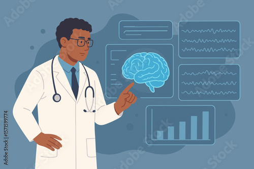 Doctor or neurologist analyzing brain test results on a virtual computer interface. Scientist checking a brain scan and EEG. Innovative technology in medicine and science concept.