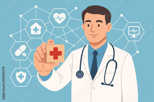 Doctor holding medical cross symbol. Healthcare services and innovative technology concept. Network with icons for telemedicine, pharmacy, insurance. Modern vector illustration.