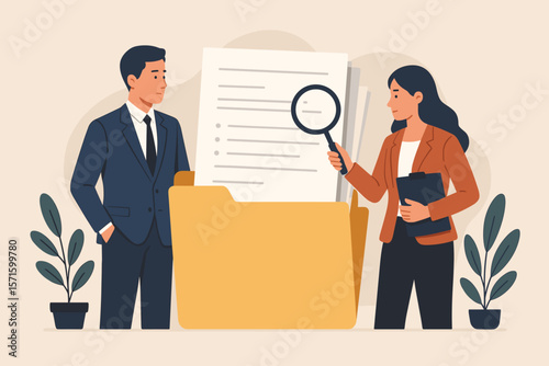 Business people search and analyze documents in a file folder. Teamwork on data research or report. Woman with magnifying glass inspects paperwork. Corporate audit concept.