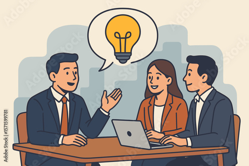 Effective communication in a business meeting. Team collaboration concept for a creative solution. Colleagues brainstorming, man shares an innovative idea with a lightbulb.